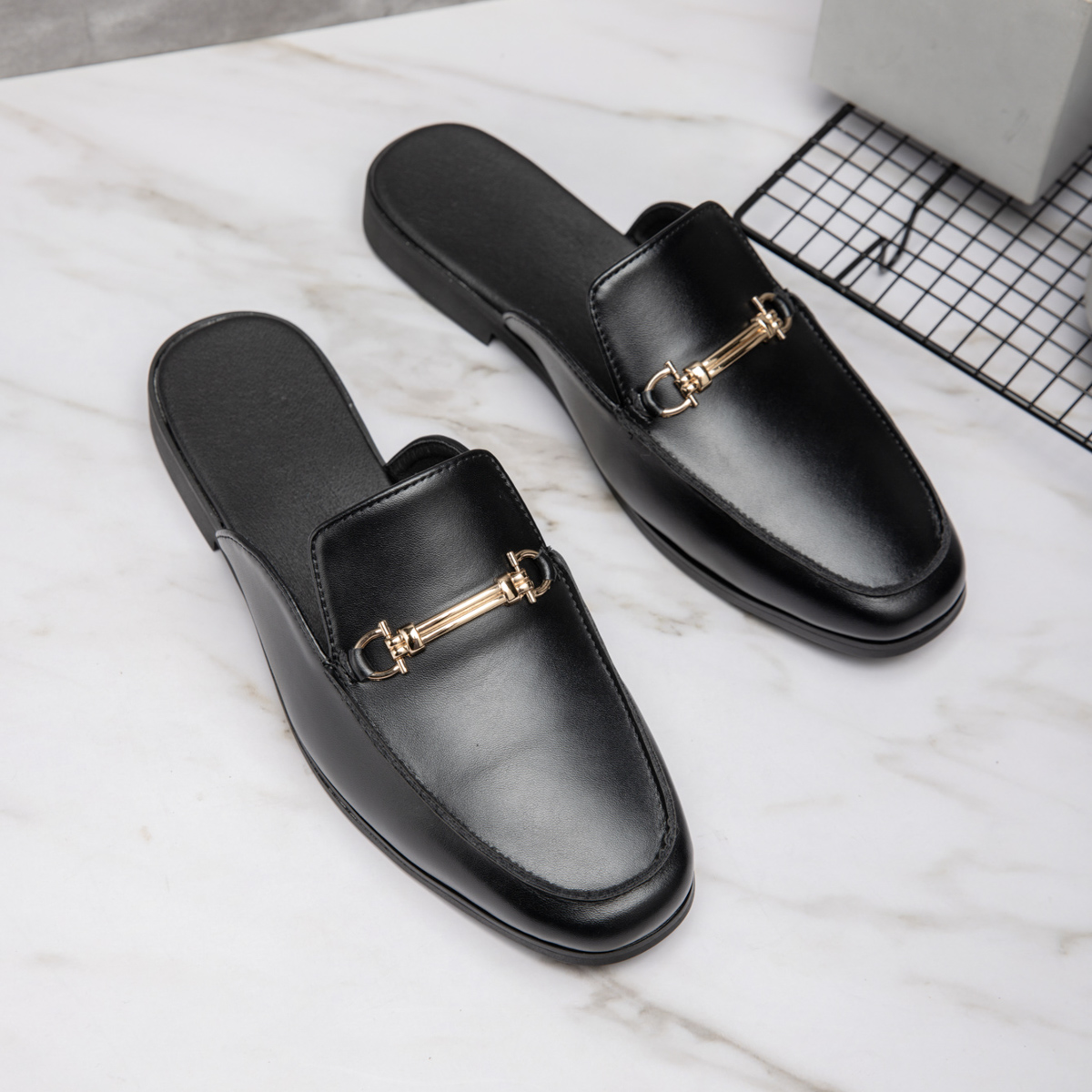 캐주얼 뮬 남성 가죽 로퍼 메탈 장식 솔리드 컬러 슬리 - Men'S Shoes Qn 리뷰 및 가격