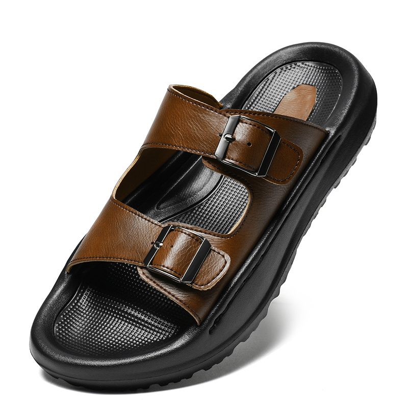 남성 슬립 온 샌들 가죽 슬리퍼 더블 버클 소프트 컴포 - Men Shoes Velcro 리뷰 및 가격