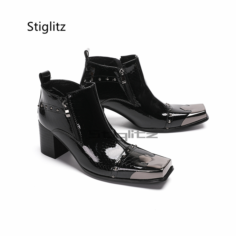 페이턴트 가죽 남성용 리벳 첼시 부츠 메탈 스퀘어 토  - Men Shoes Size 11 리뷰 및 가격