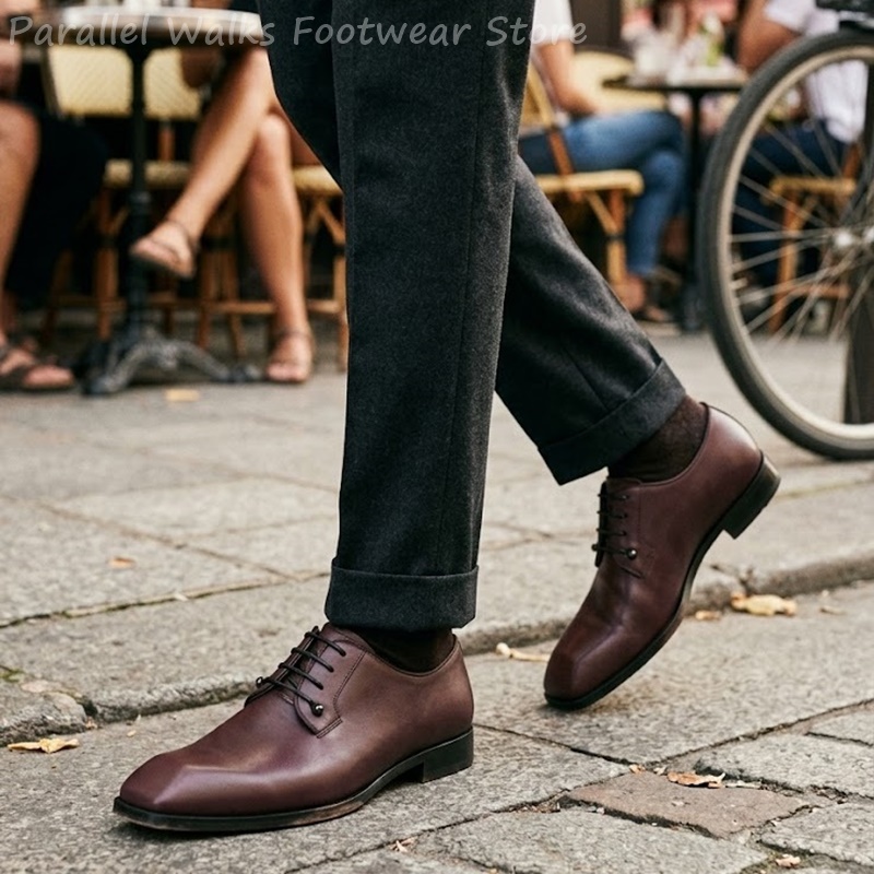 남성용 짙은 갈색 가죽 더비 슈즈, 스퀘어 토 레이스업 - Men'S Shoes Smart 리뷰 및 가격